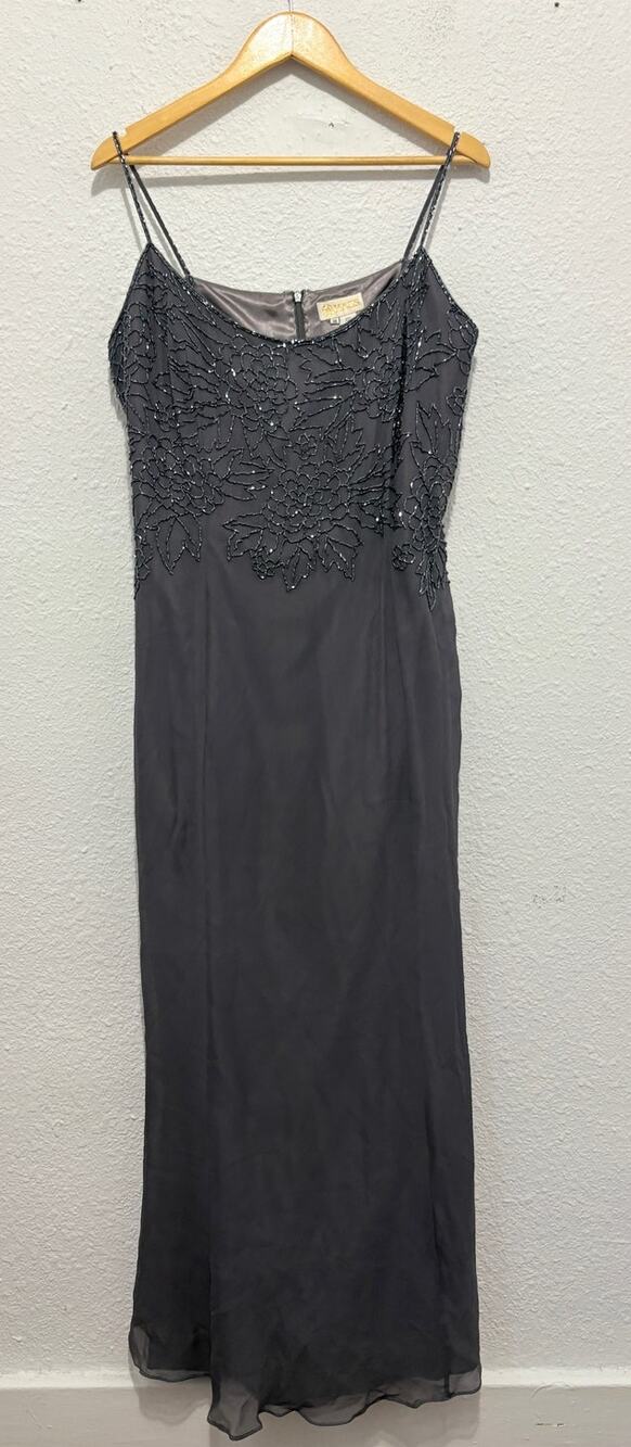 Vintage Silk Beaded Gown Gray Glam Formal Dress Maxi Dress 100% Silk 90s